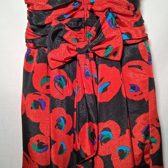 Vintage 1980s Party Dress Apostrophe 13/14 Red Black Floral Satin Sleeveless - Picture 15 of 16